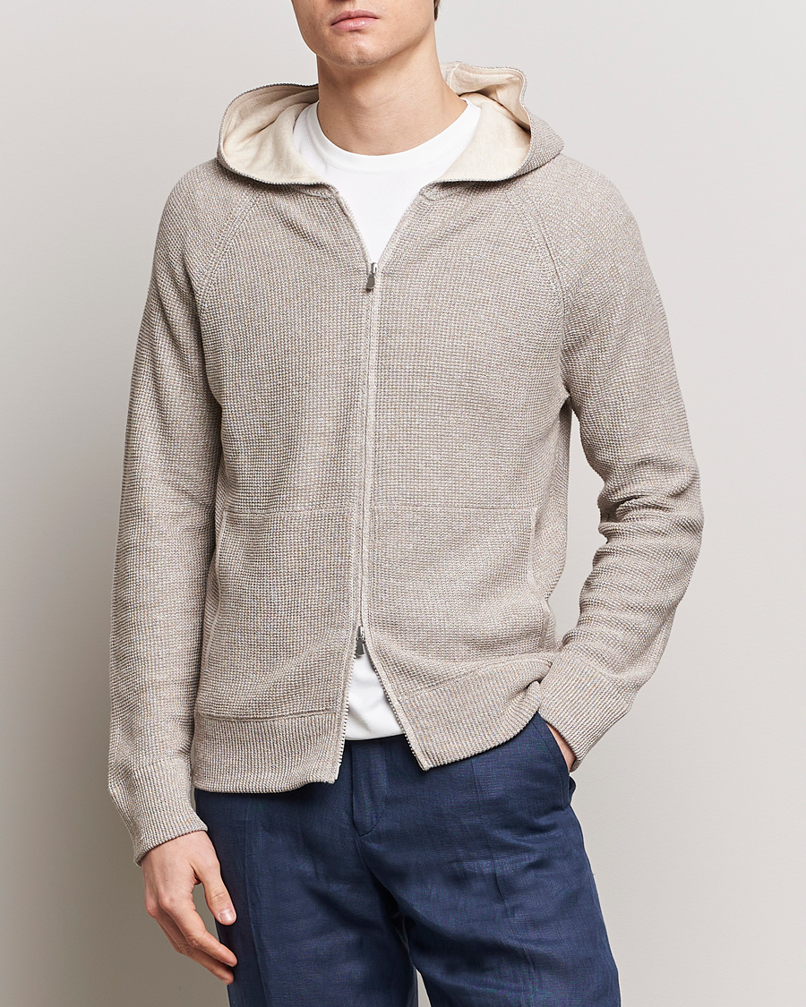 Uomini | Maglieria | Gran Sasso | Linen/Cotton Knitted Hooded Full Zip Beige Melange