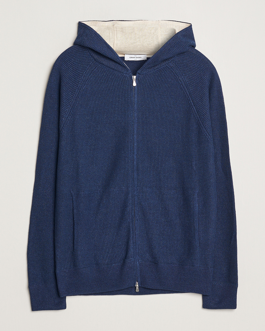 Uomini | Maglieria | Gran Sasso | Linen/Cotton Knitted Hooded Full Zip Navy