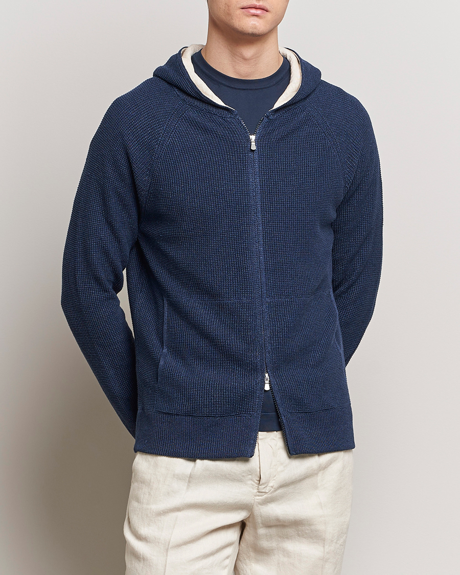 Uomini | Maglieria | Gran Sasso | Linen/Cotton Knitted Hooded Full Zip Navy