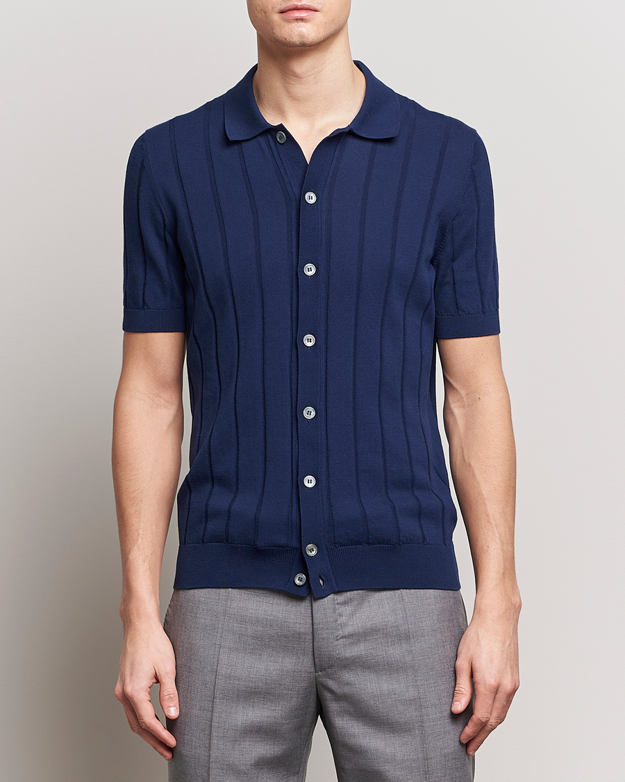 Uomini | Camicie | Gran Sasso | Cotton Structured Knitted Short Sleeve Shirt Light Navy