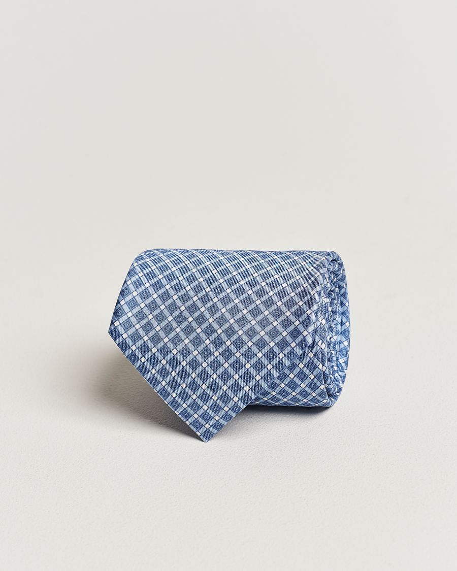 Uomini | Brioni Printed Silk Tie Blue Check | Brioni | Printed Silk Tie Blue Check