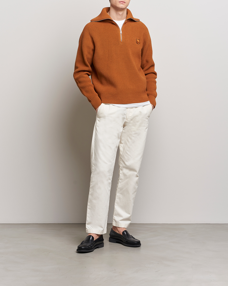 Uomini | Maglieria | Maison Kitsuné | Tonal Fox Head Ribbed Half Zip Tobacco