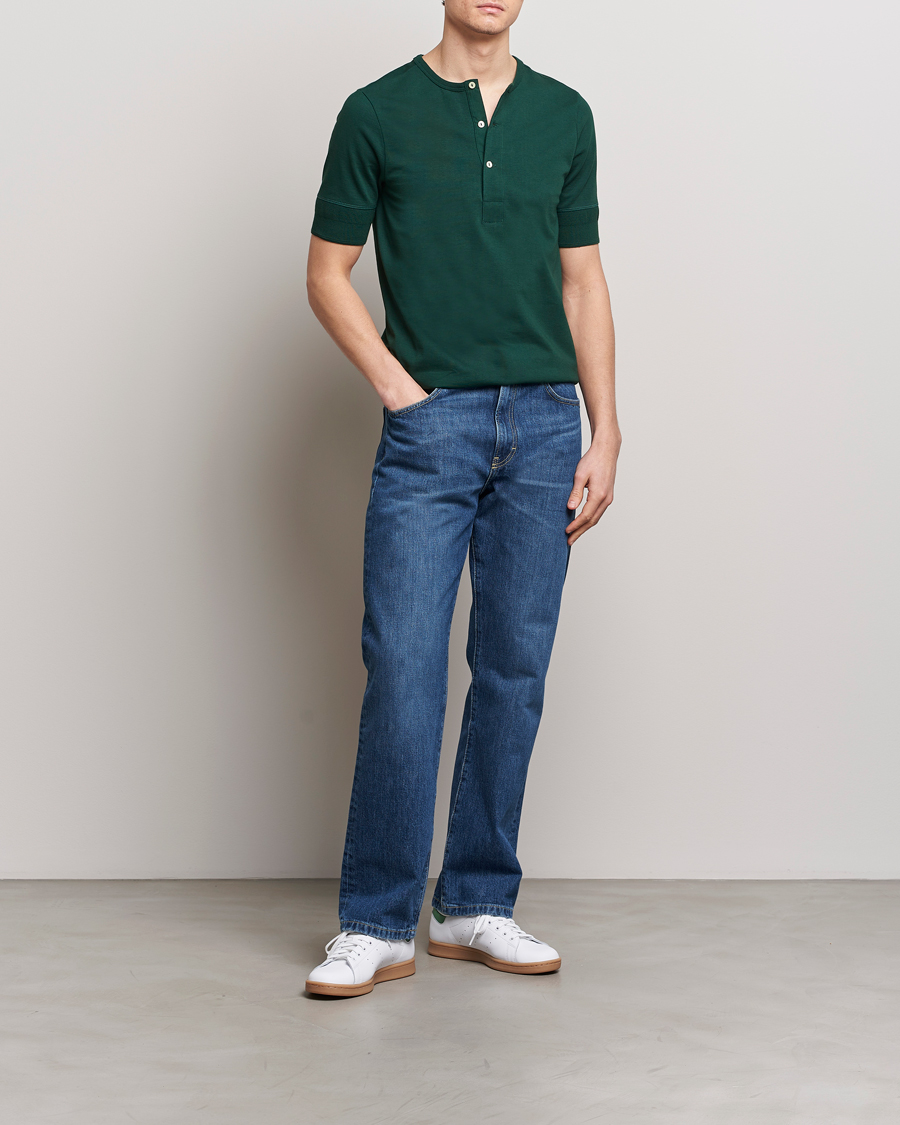 Uomini | T-shirt | Merz b. Schwanen | Short Sleeve Organic Cotton Henley Classic Green