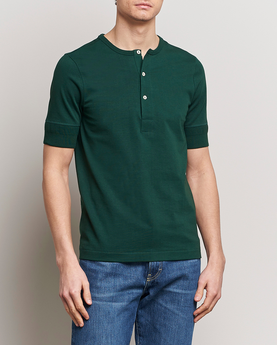 Uomini | T-shirt | Merz b. Schwanen | Short Sleeve Organic Cotton Henley Classic Green