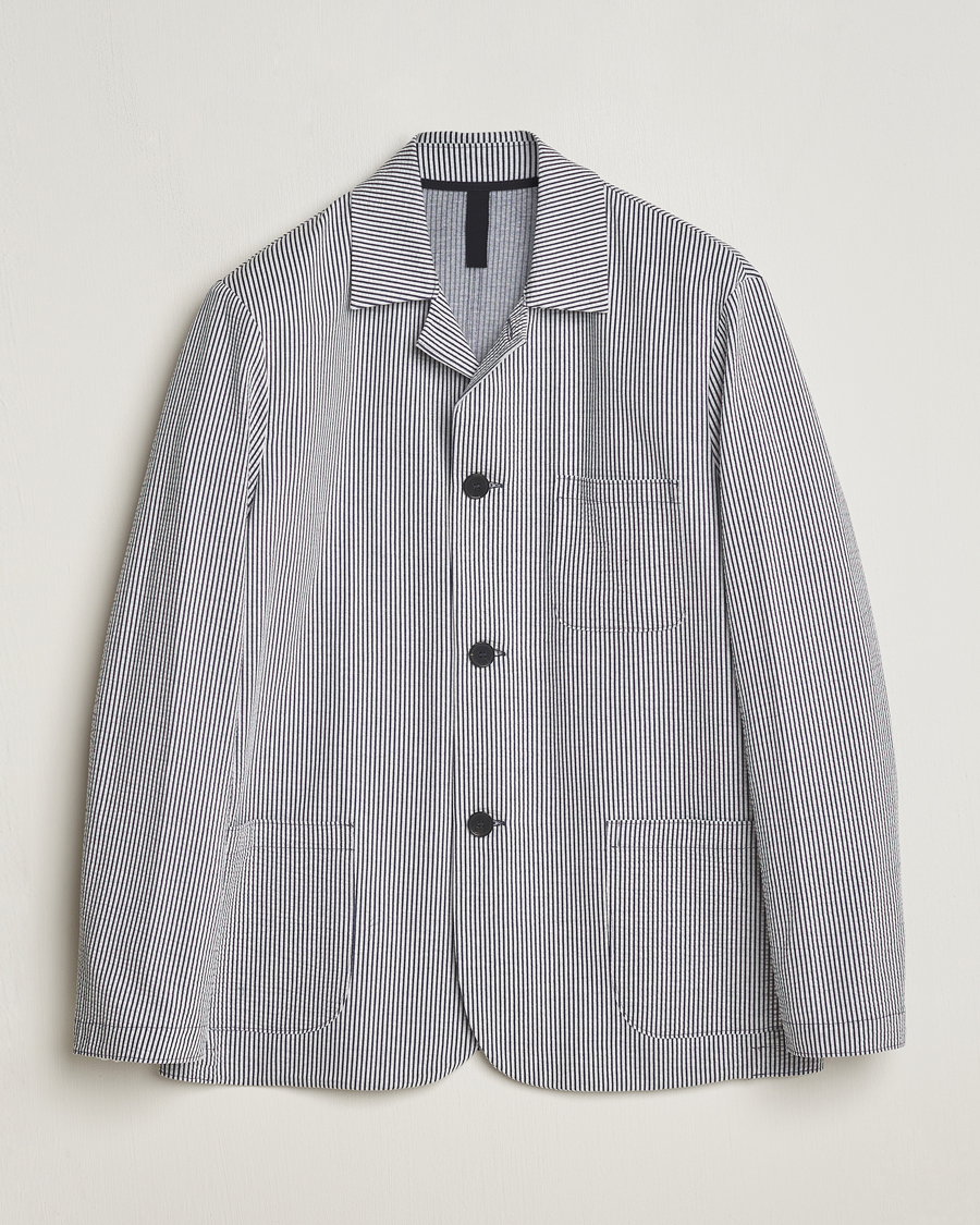 Uomini | Blazers | Harris Wharf London | Coolmax Striped Seersucker Drop Shoulder Blazer Blue/Cream