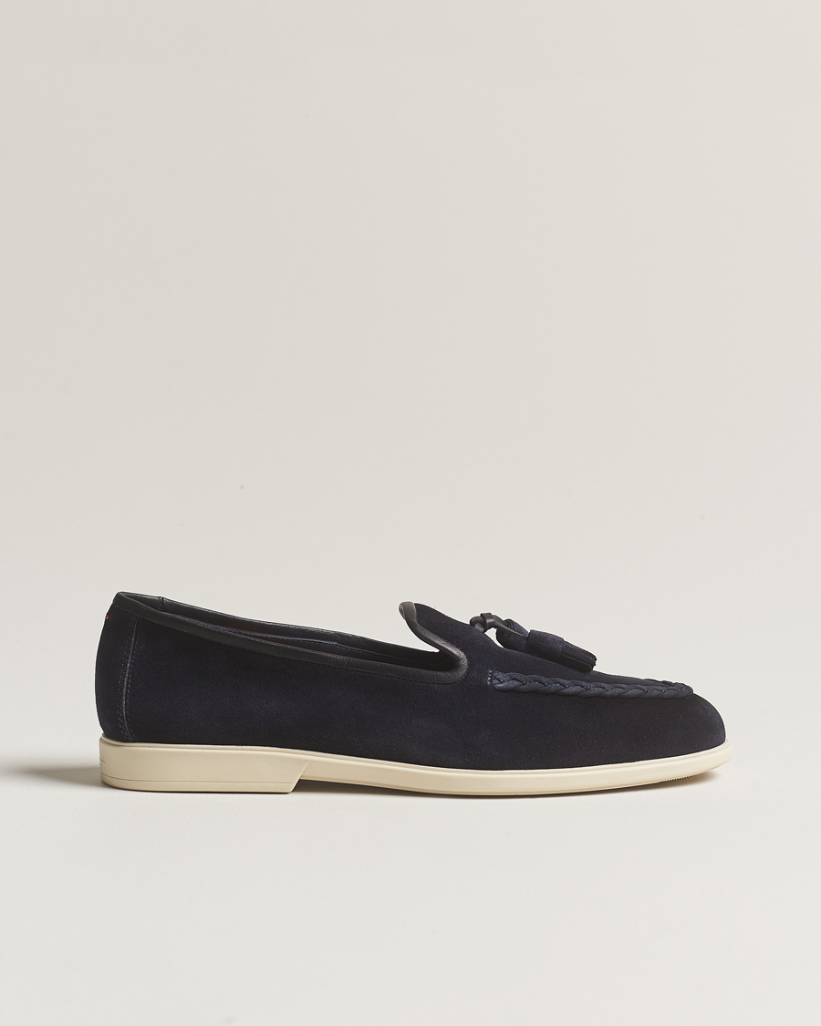 Uomini | Santoni Summer Tassel Loafers Navy Suede | Santoni | Summer Tassel Loafers Navy Suede