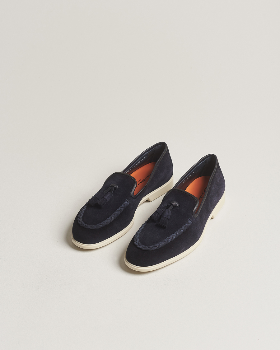 Uomini | Santoni Summer Tassel Loafers Navy Suede | Santoni | Summer Tassel Loafers Navy Suede