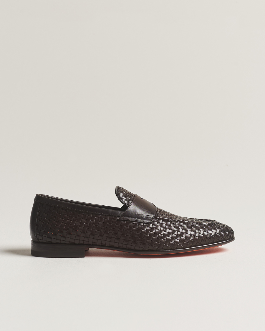 Uomini | Santoni Braided Penny Loafers Dark Brown Calf | Santoni | Braided Penny Loafers Dark Brown Calf