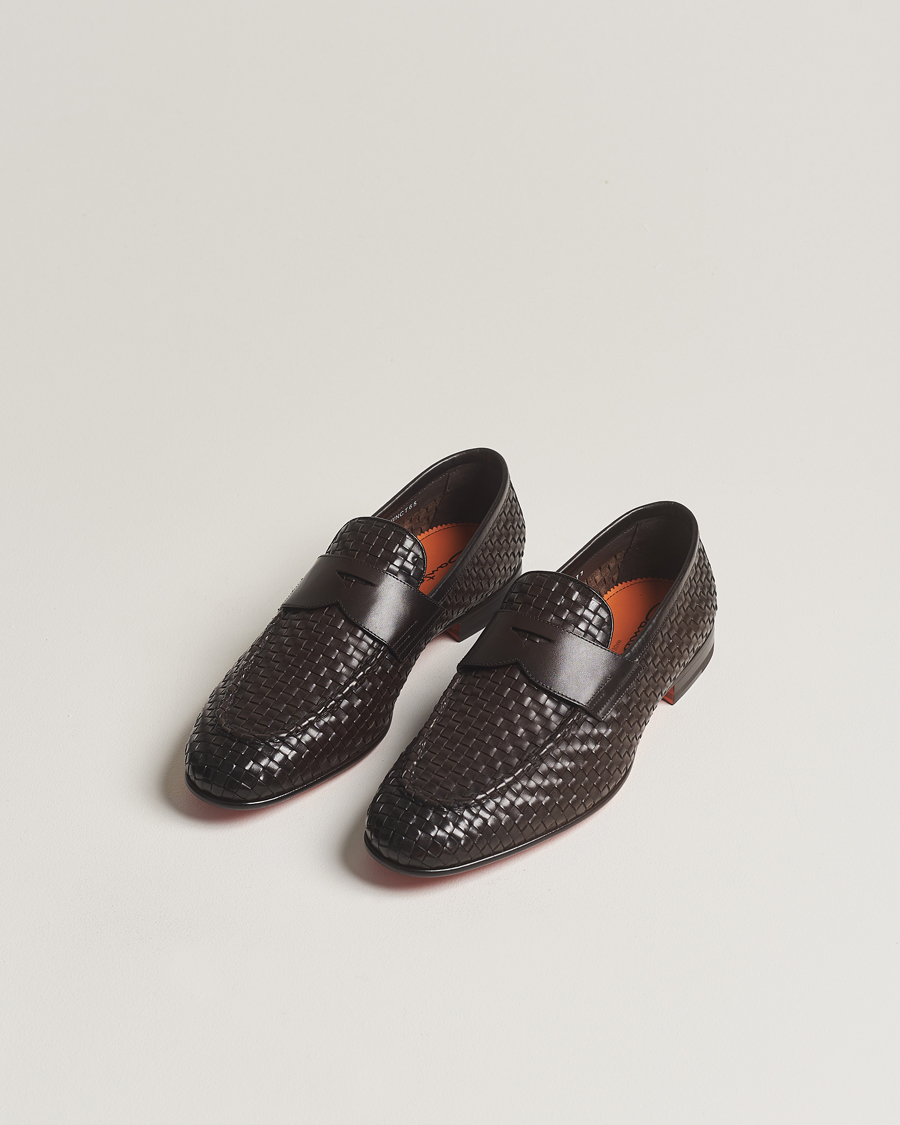 Uomini | Santoni Braided Penny Loafers Dark Brown Calf | Santoni | Braided Penny Loafers Dark Brown Calf