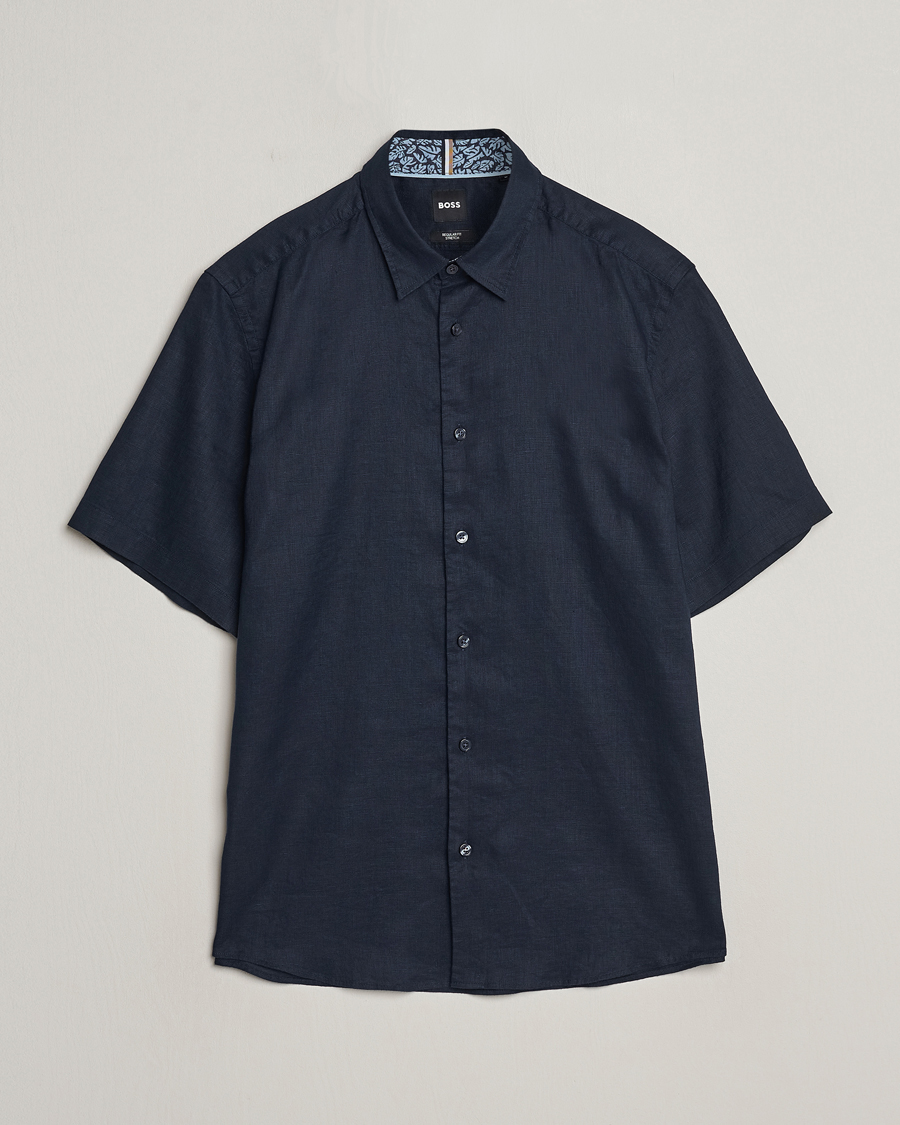 Uomini | Camicie | BOSS BLACK | Liam Short Sleeve Linen Shirt Dark Blue