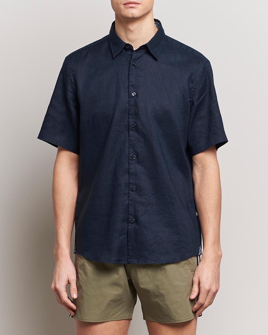 Uomini | Camicie | BOSS BLACK | Liam Short Sleeve Linen Shirt Dark Blue