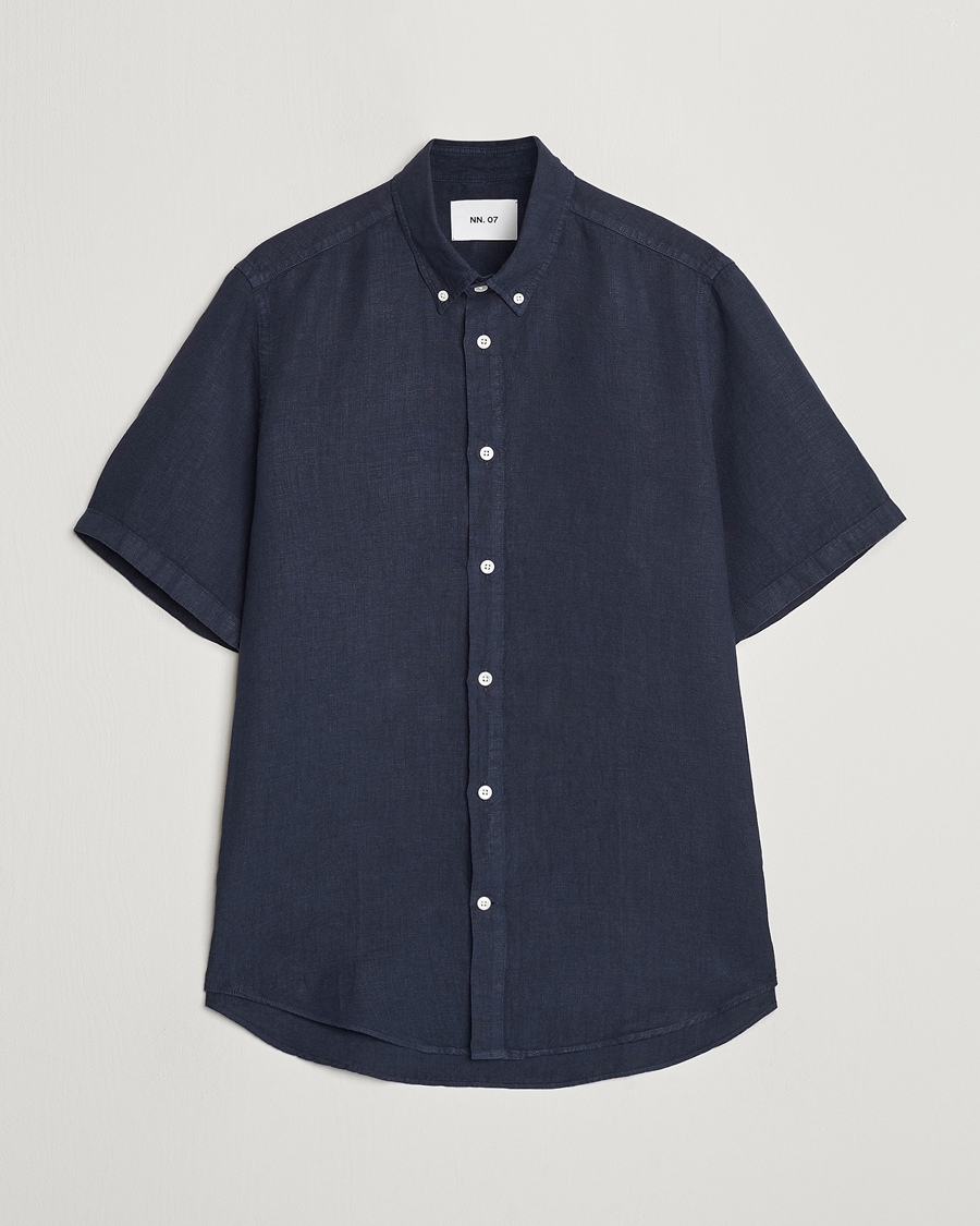 Uomini | Camicie | NN07 | Arne Linen Short Sleeve Shirt Navy Blue