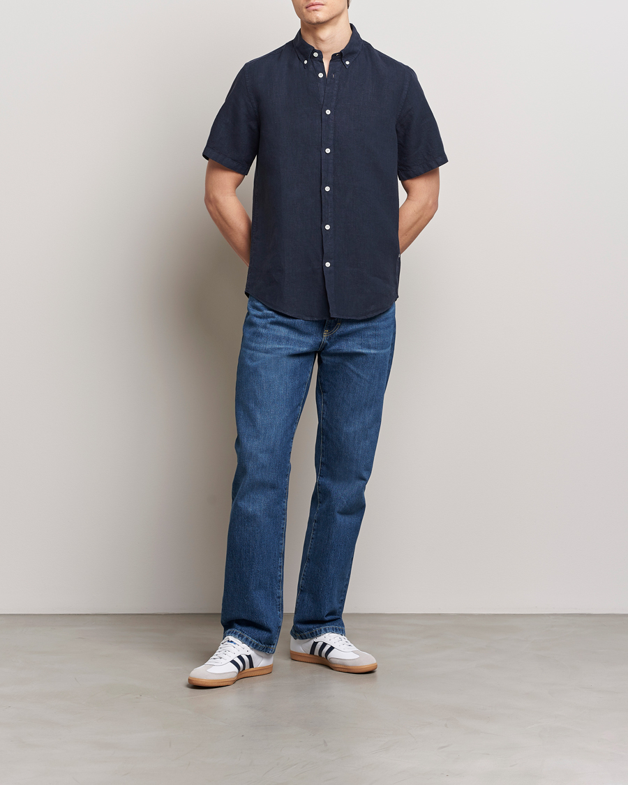 Uomini | Camicie | NN07 | Arne Linen Short Sleeve Shirt Navy Blue