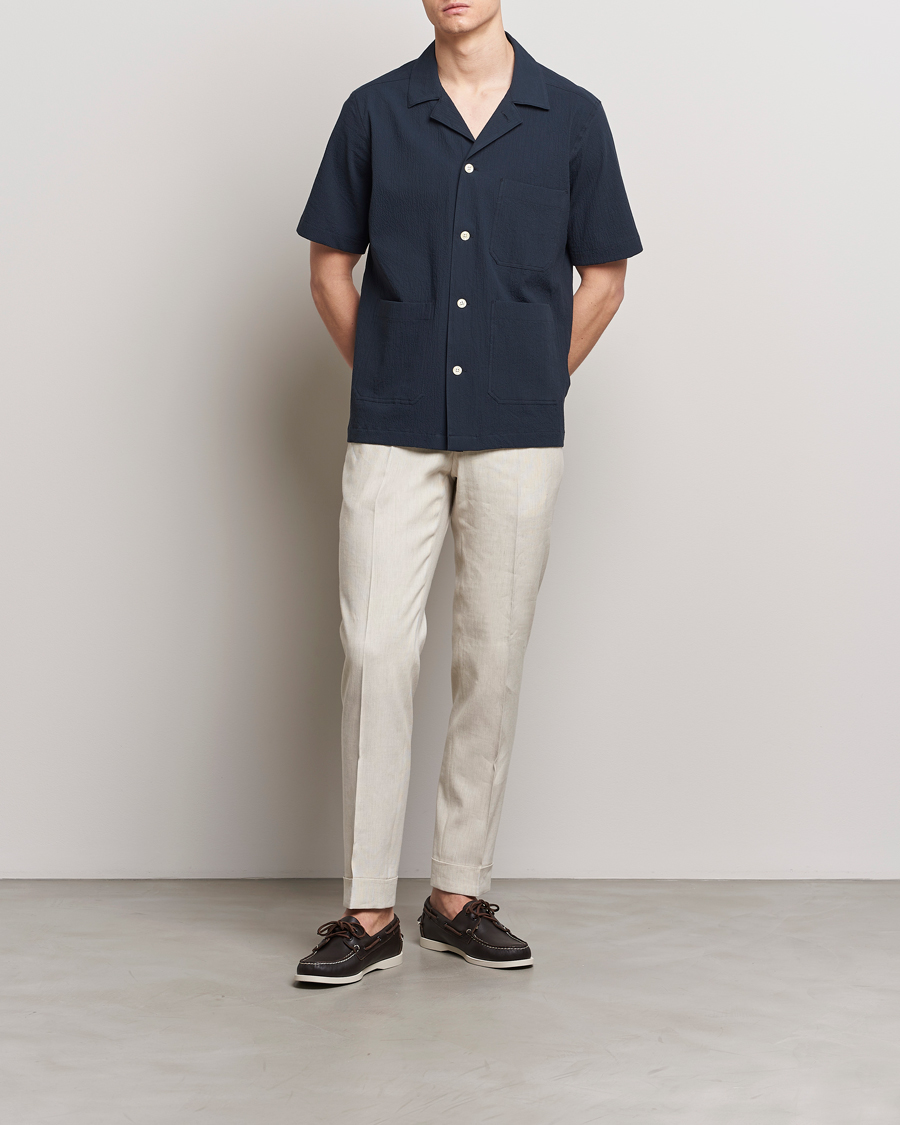 Uomini | Camicie | Oscar Jacobson | Hanks Reg Seersucker Shirt Navy
