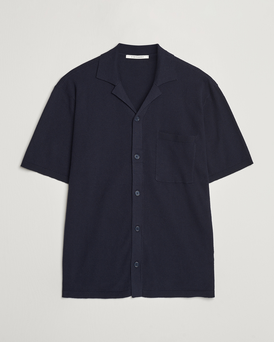 Uomini | Camicie | A Day's March | Yamu Knitted Herringbone Shirt Navy