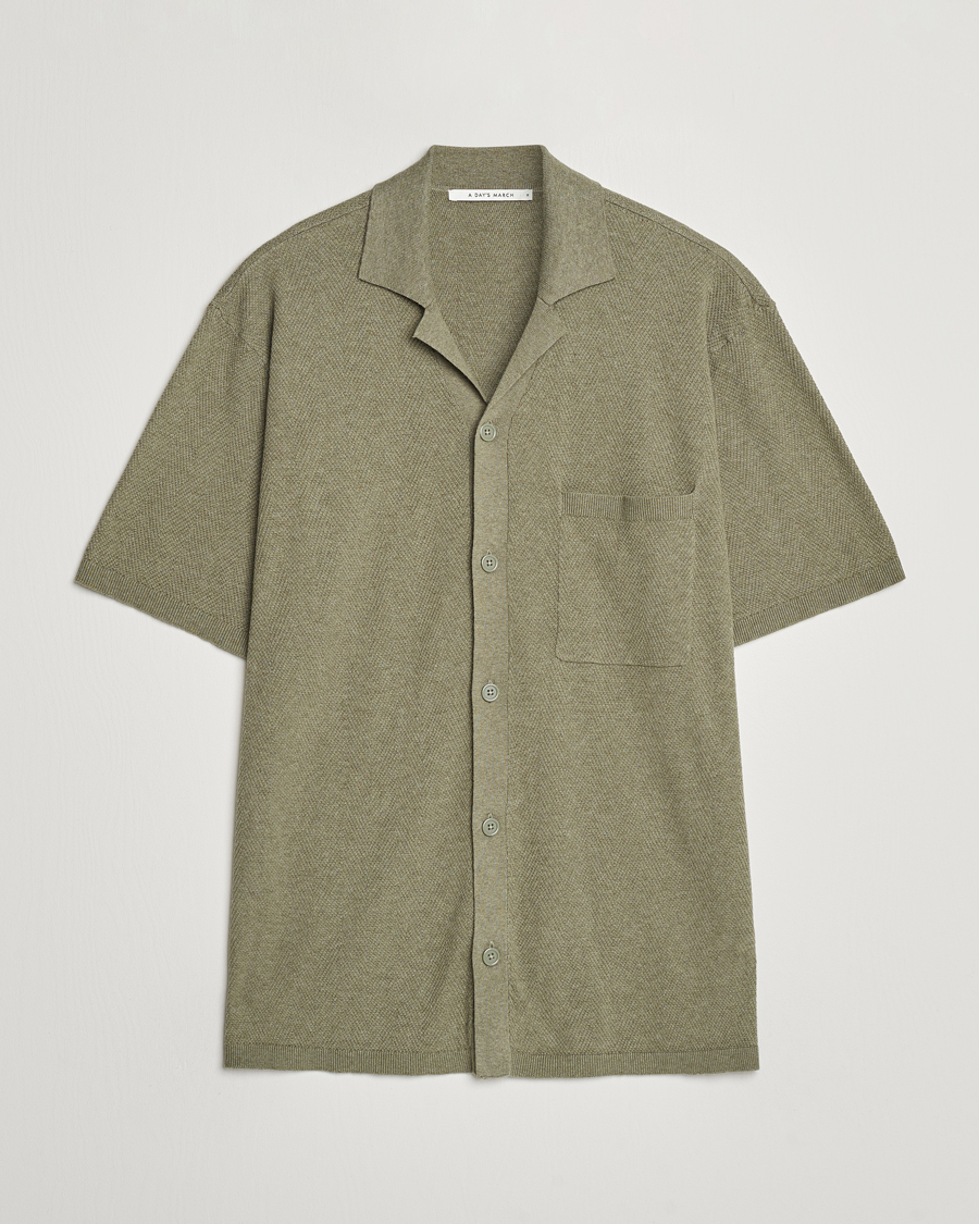 Uomini | Camicie | A Day's March | Yamu Knitted Herringbone Shirt Olive
