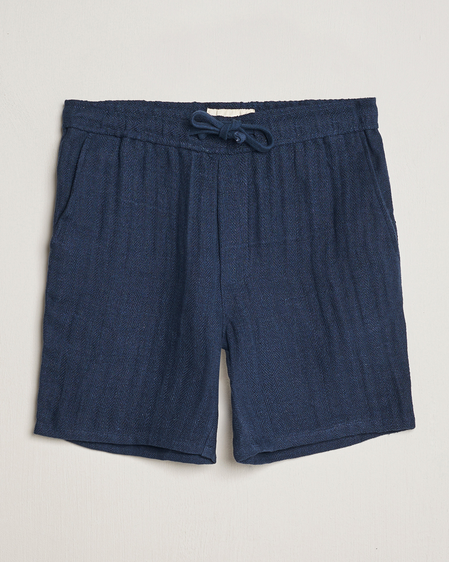 Uomini | Pantaloncini | A Day's March | Ipu Herringbone Linen Drawstring Shorts Indigo Blue