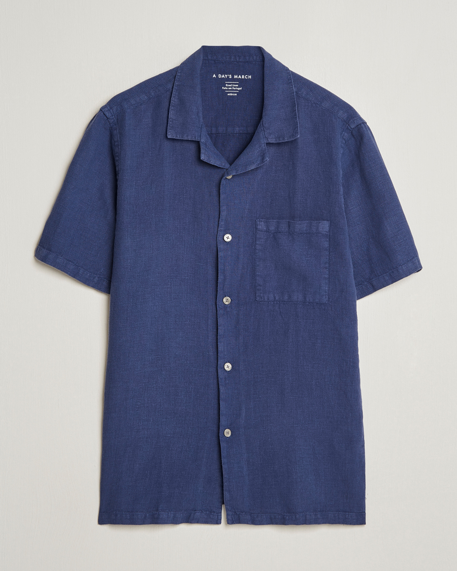 Uomini | Camicie | A Day's March | Yamu Short Sleeve Linen Shirt Brewers Blue