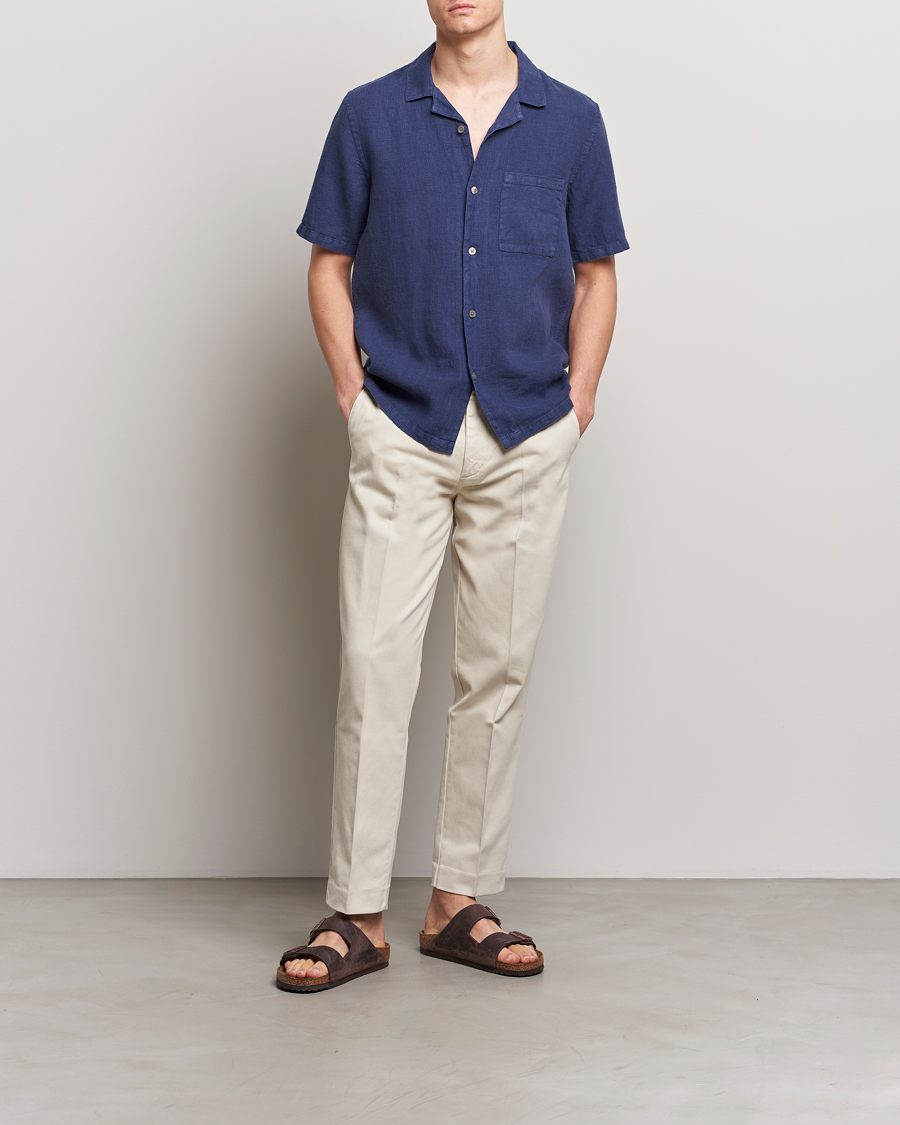 Uomini | Camicie | A Day's March | Yamu Short Sleeve Linen Shirt Brewers Blue