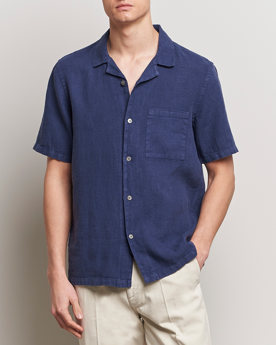 Uomini | Camicie | A Day's March | Yamu Short Sleeve Linen Shirt Brewers Blue