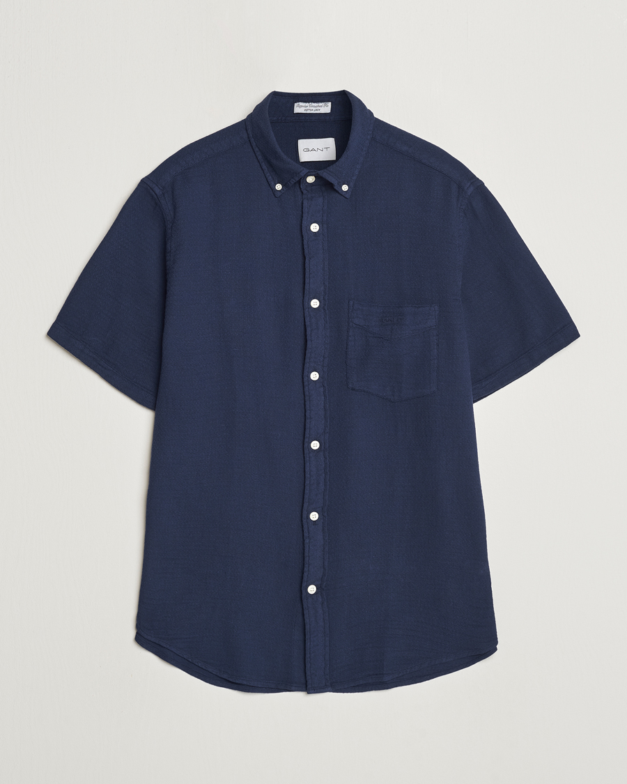 Uomini | Camicie | Gant | Cotton/Linen Texture Short Sleeve Shirt Evening Blue