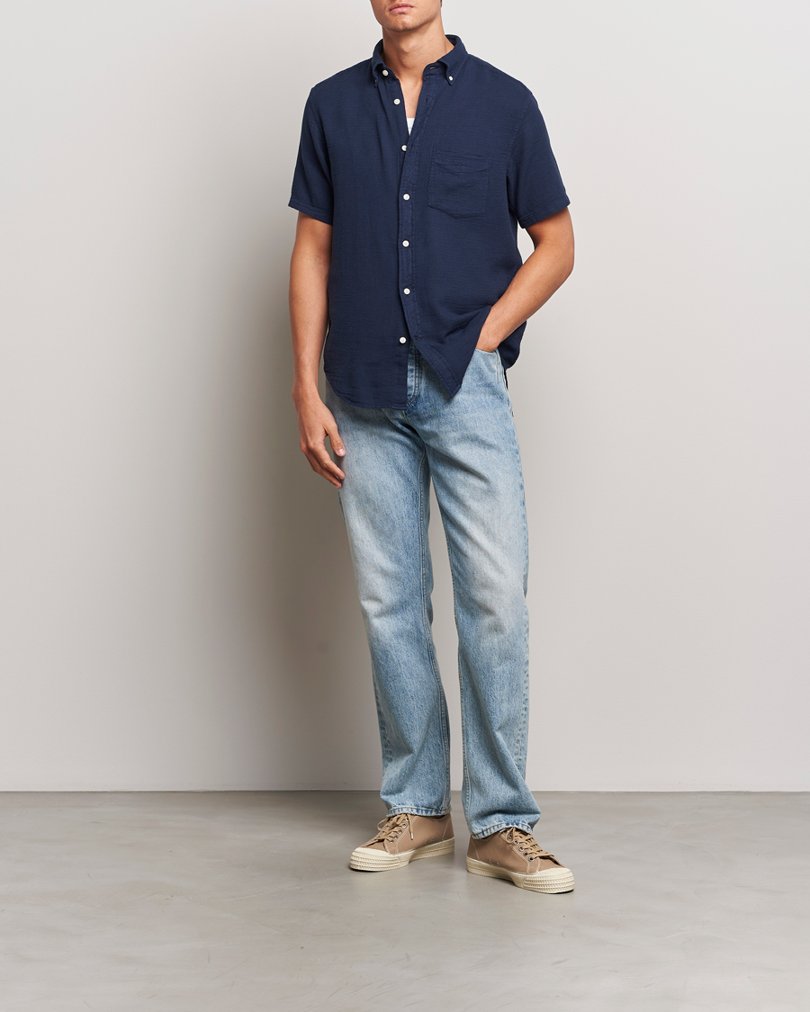 Uomini | Camicie | Gant | Cotton/Linen Texture Short Sleeve Shirt Evening Blue