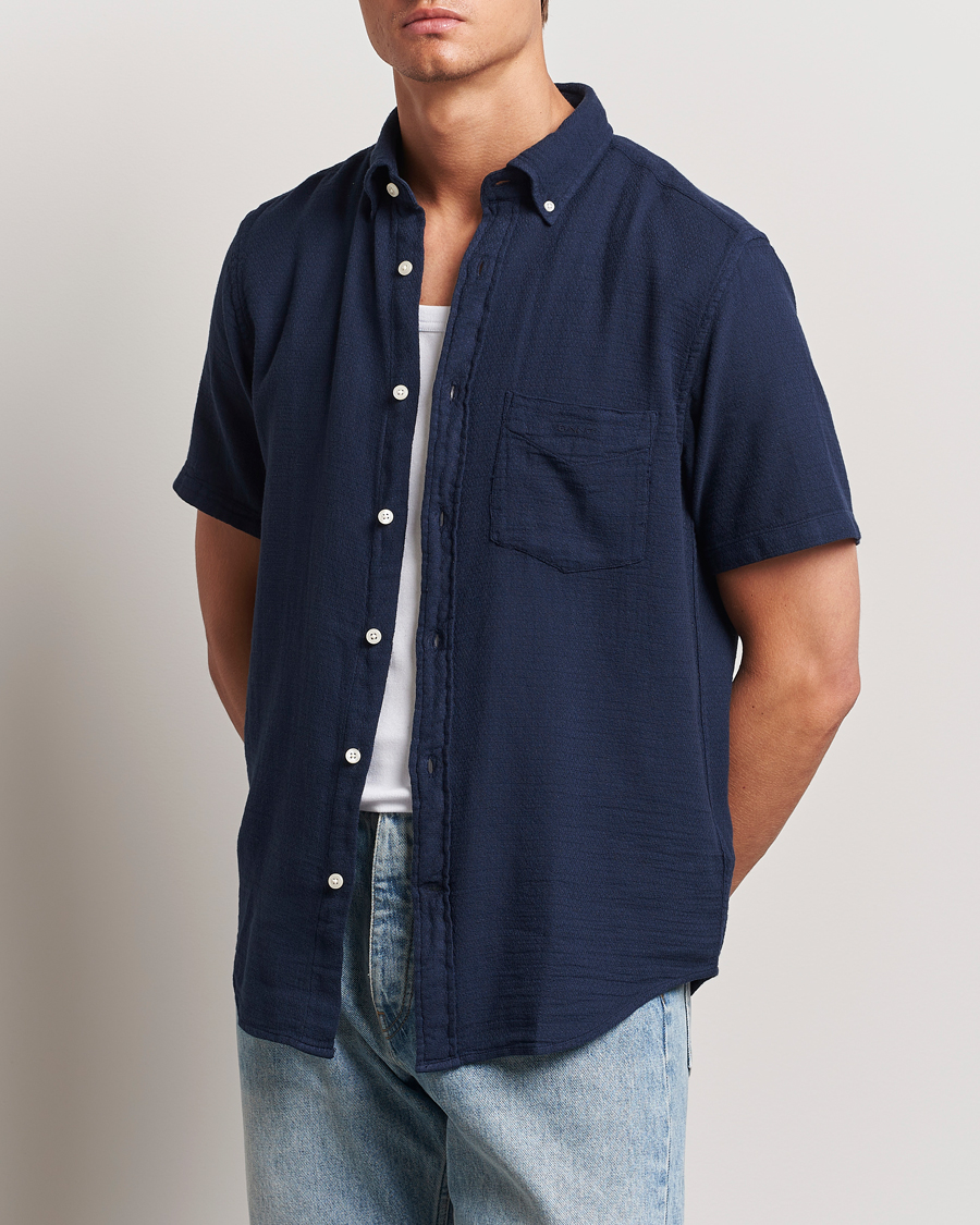 Uomini | Camicie | Gant | Cotton/Linen Texture Short Sleeve Shirt Evening Blue
