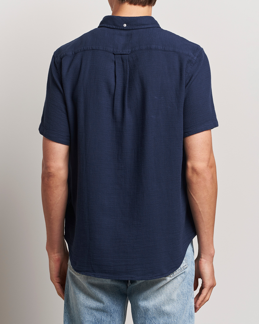 Uomini | Camicie | Gant | Cotton/Linen Texture Short Sleeve Shirt Evening Blue
