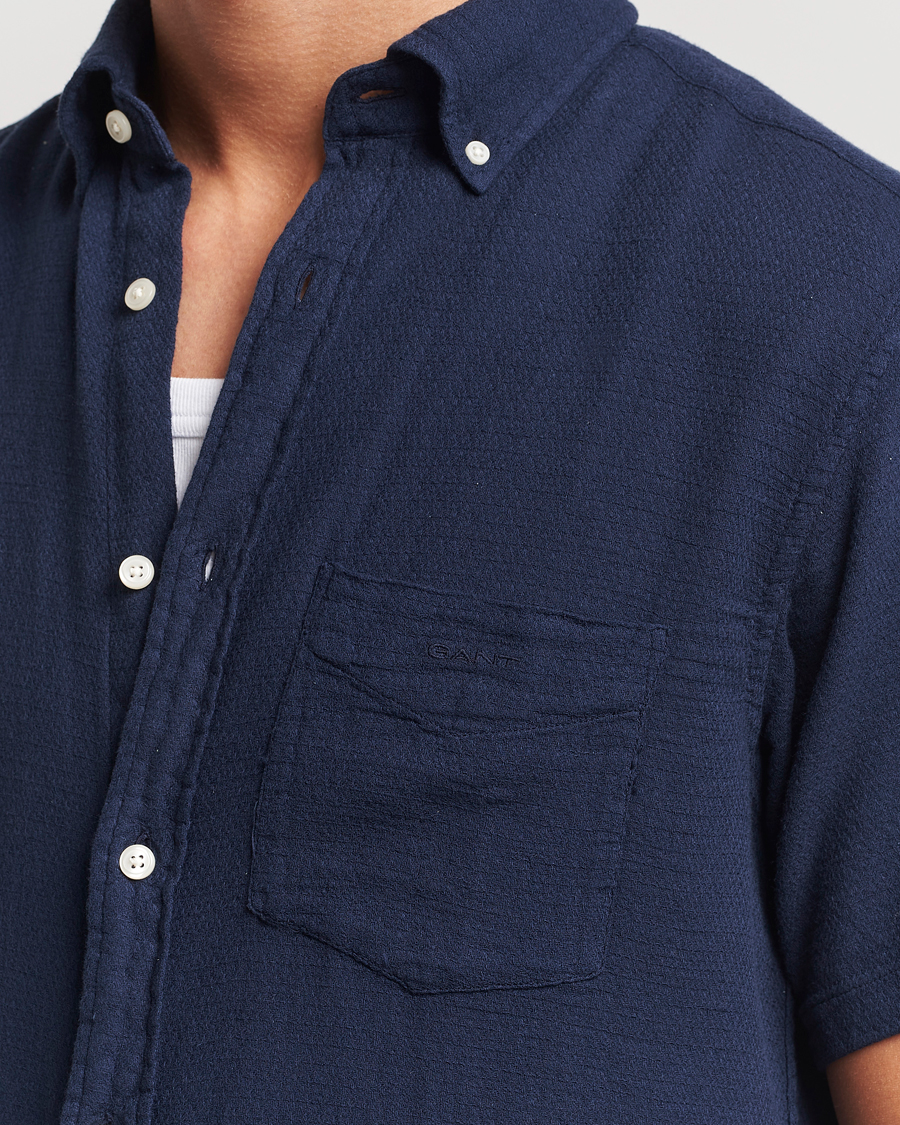 Uomini | Camicie | Gant | Cotton/Linen Texture Short Sleeve Shirt Evening Blue