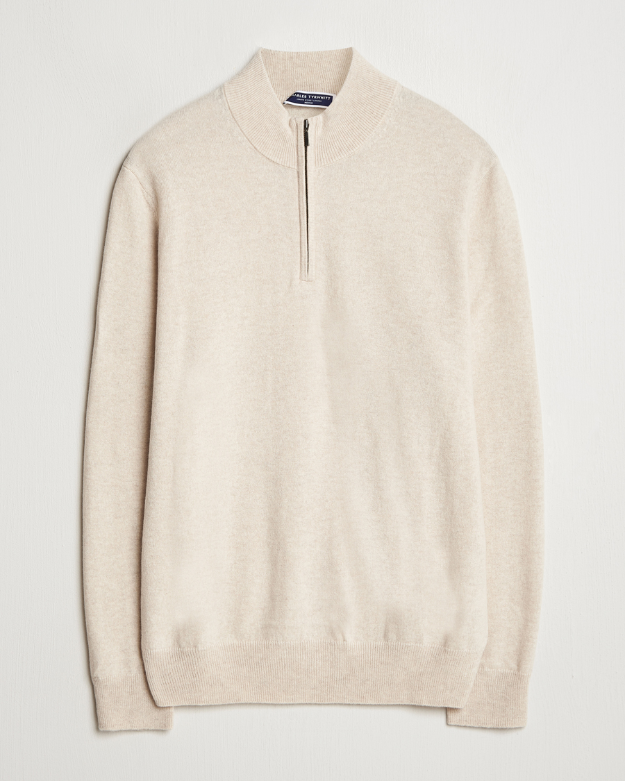Uomini | Maglieria | Charles Tyrwhitt | Pure Cashmere Zip Neck Jumper Cream