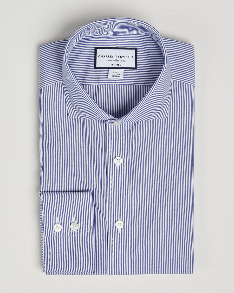 Uomini | Camicie | Charles Tyrwhitt | Slim Fit Non Iron Bengal Stripe Poplin Shirt Navy