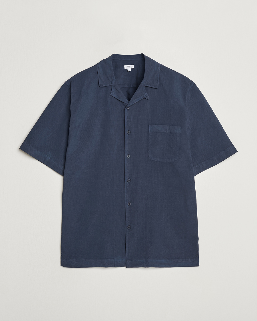 Uomini | Camicie | Sunspel | Lightweight Seersucker Shirt Navy