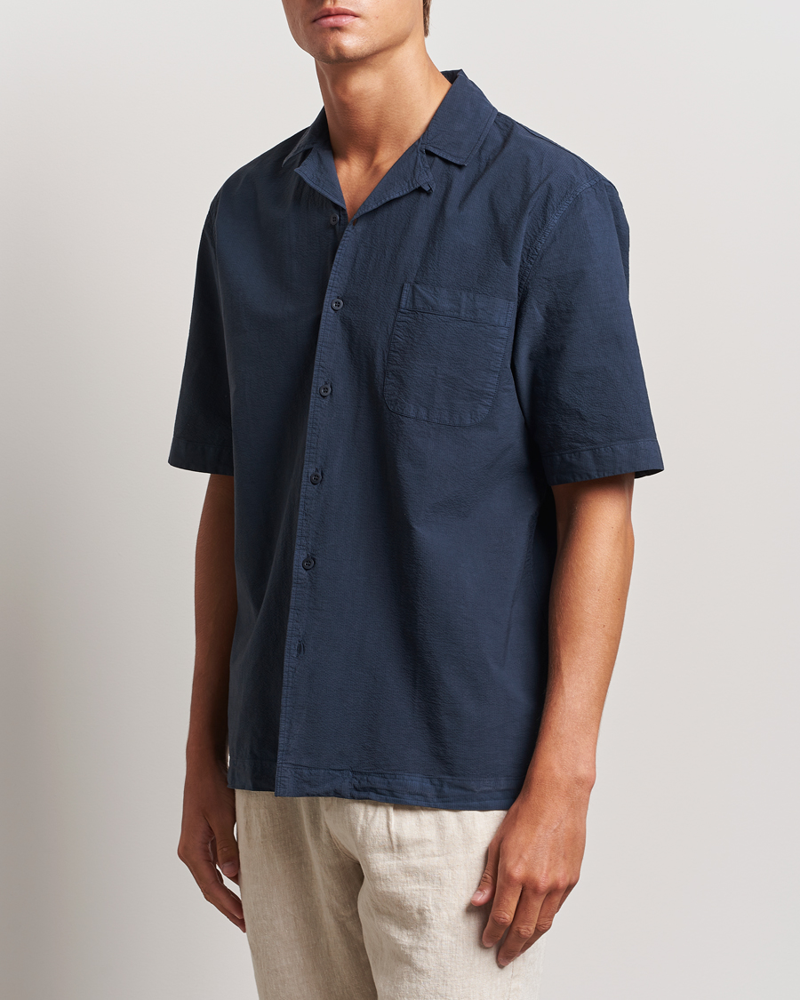 Uomini | Camicie | Sunspel | Lightweight Seersucker Shirt Navy