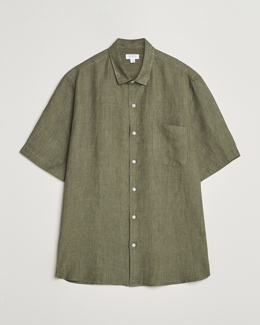 Uomini | Camicie | Sunspel | Short Sleeved Linen Shirt Khaki