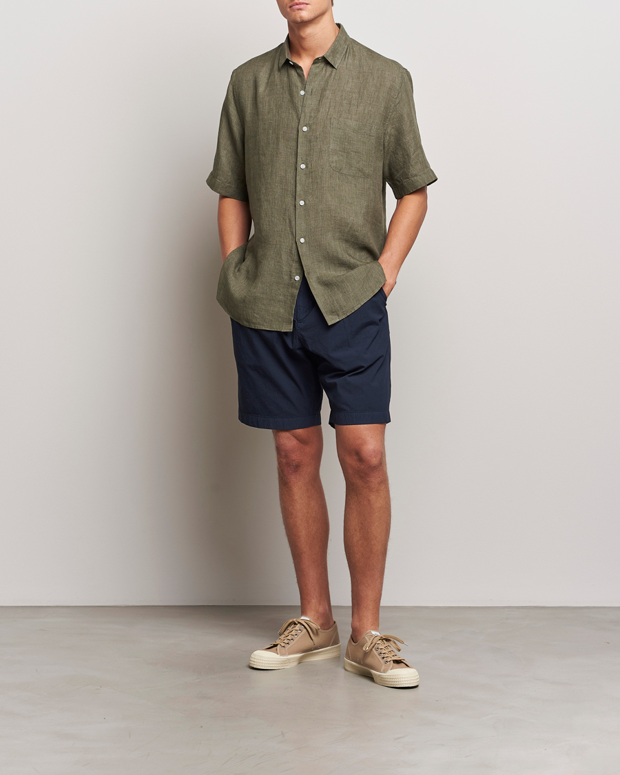 Uomini | Camicie | Sunspel | Short Sleeved Linen Shirt Khaki