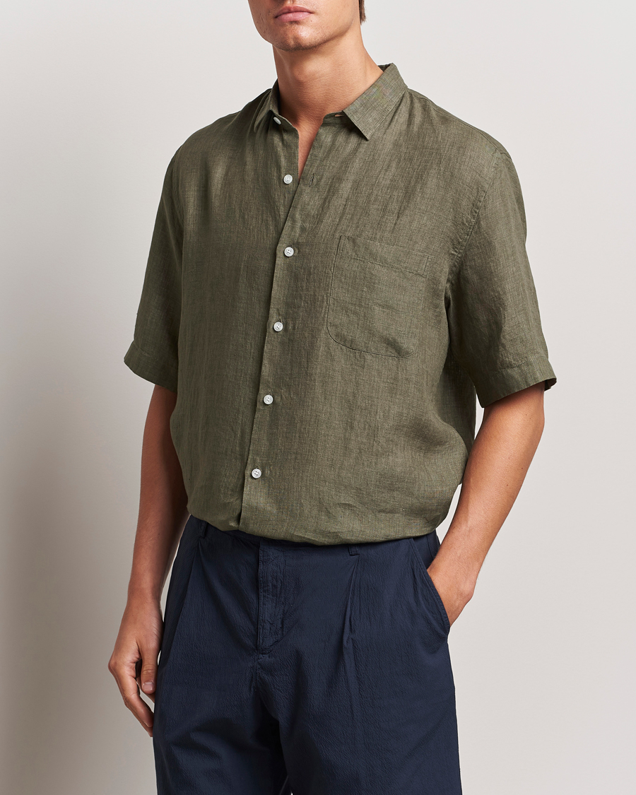 Uomini | Camicie | Sunspel | Short Sleeved Linen Shirt Khaki