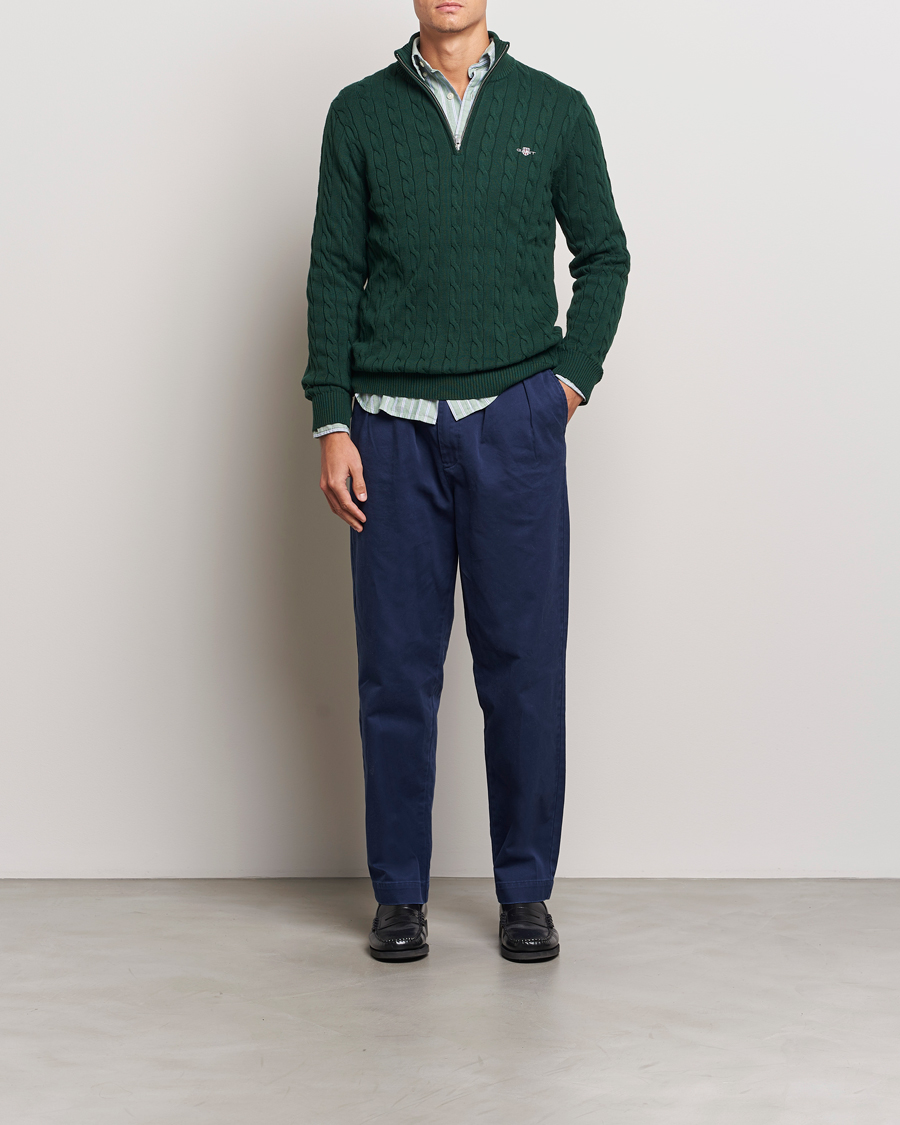 Uomini | Maglieria | GANT | Cotton Cable Half Zip Tartan Green