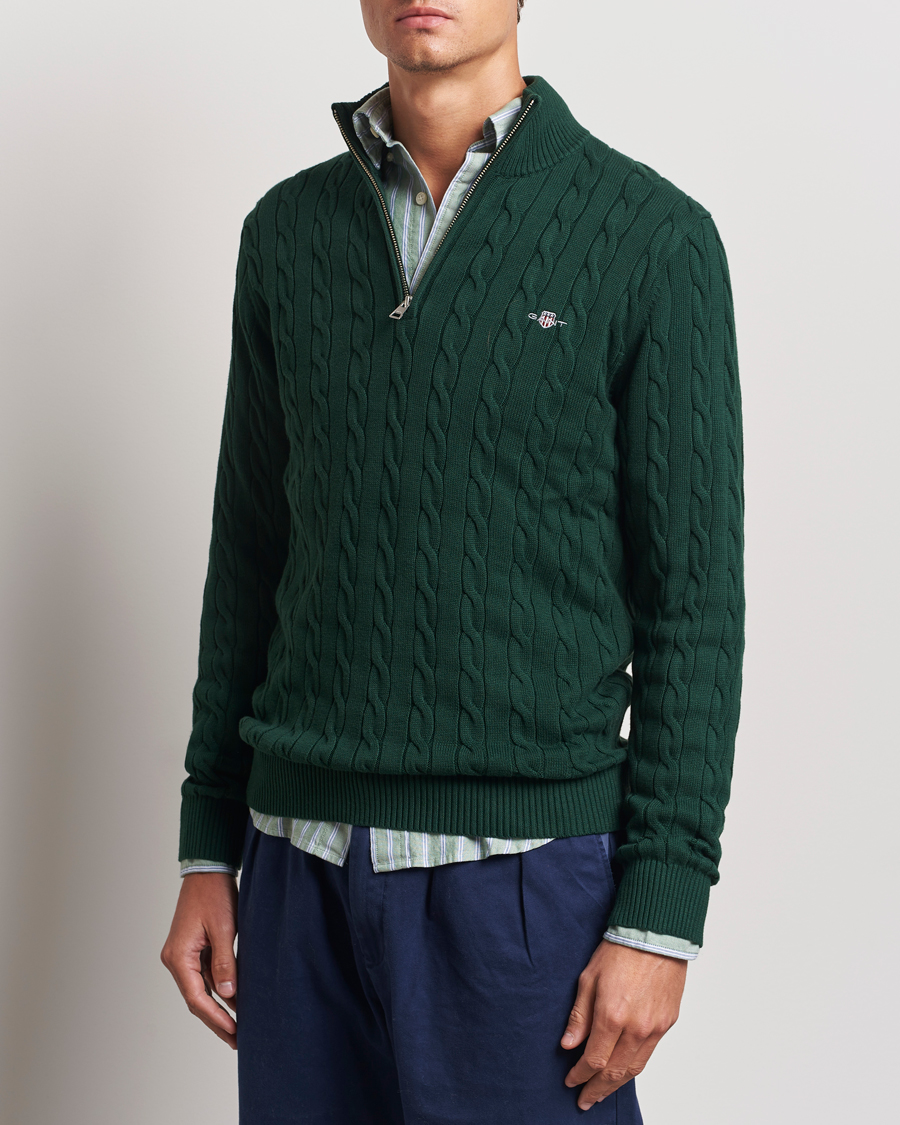 Uomini | Maglieria | GANT | Cotton Cable Half Zip Tartan Green