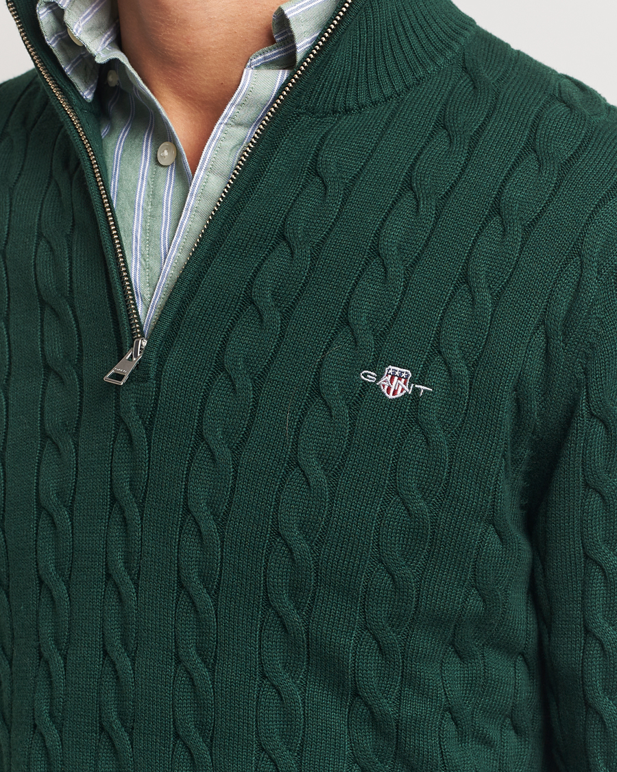 Uomini | Maglieria | GANT | Cotton Cable Half Zip Tartan Green