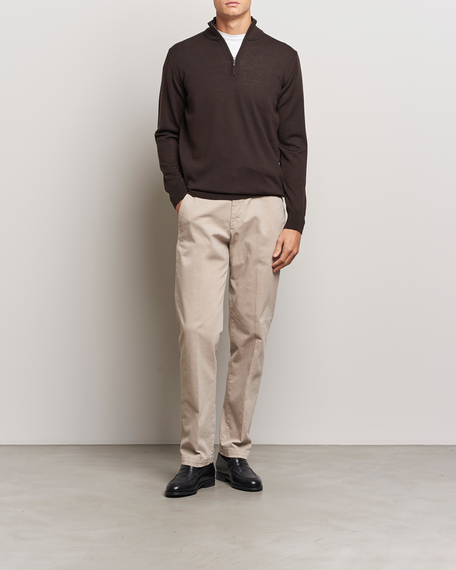 Uomini | Maglieria | Morgano | Extra Fine Merino Wool Half-Zip Dark Brown