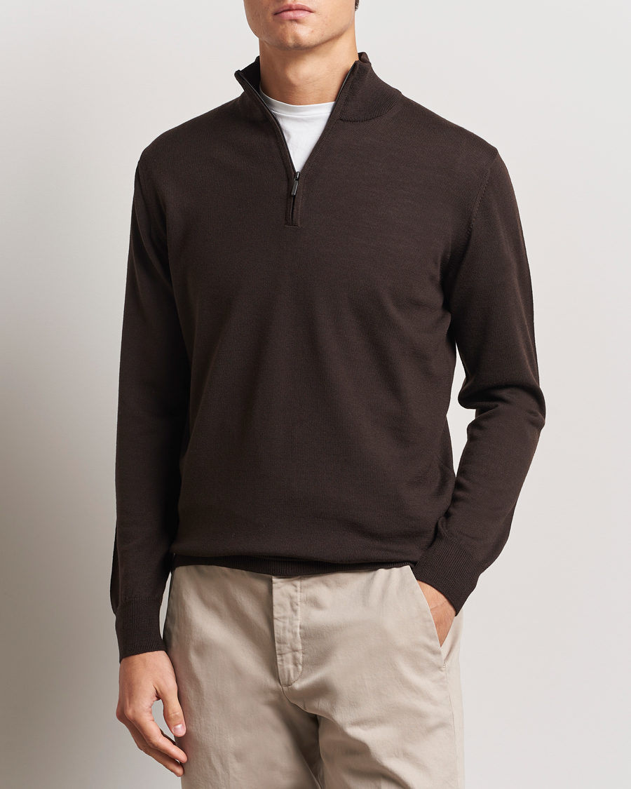 Uomini | Maglieria | Morgano | Extra Fine Merino Wool Half-Zip Dark Brown