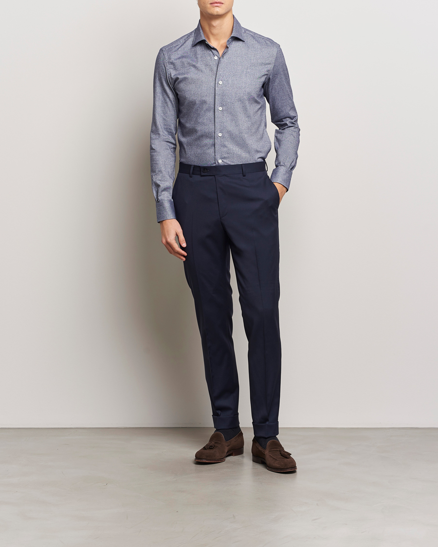 Uomini | Camicie | Mazzarelli | Soft Flannel Cut Away Shirt Dark Blue