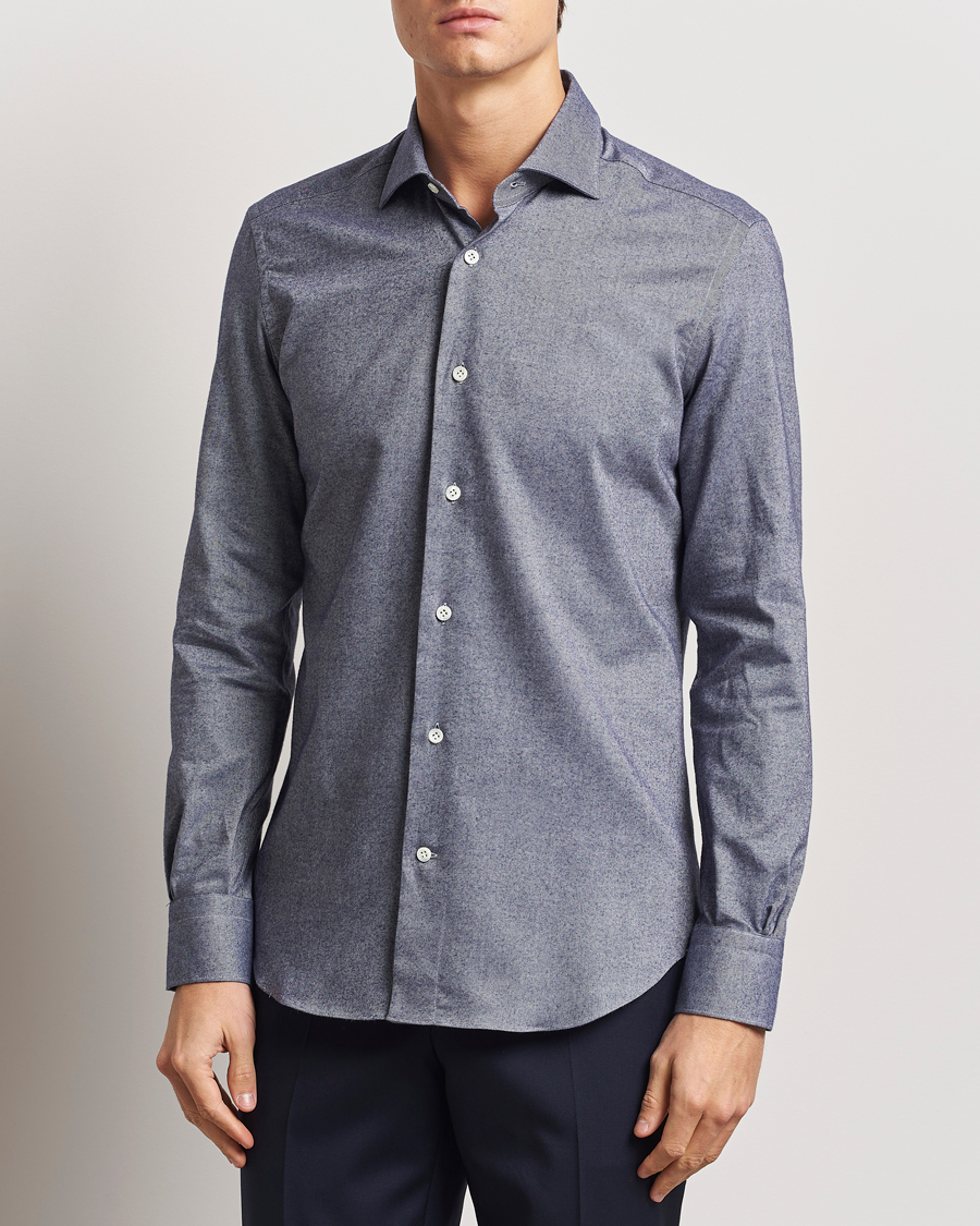Uomini | Camicie | Mazzarelli | Soft Flannel Cut Away Shirt Dark Blue