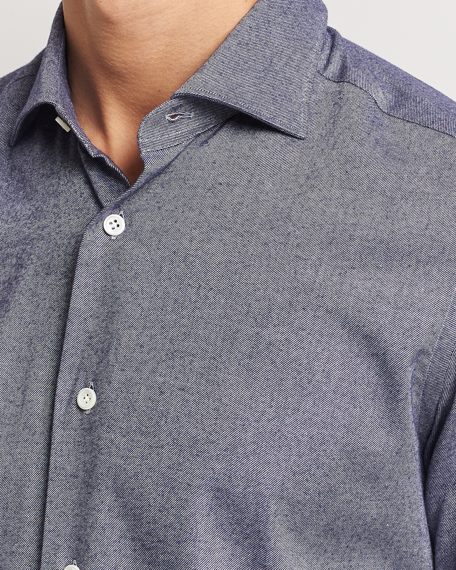 Uomini | Camicie | Mazzarelli | Soft Flannel Cut Away Shirt Dark Blue