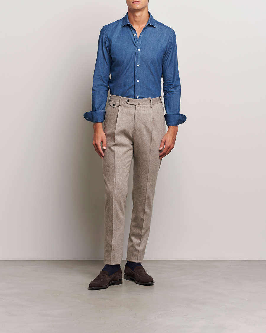 Uomini | Camicie | Mazzarelli | Soft Cotton Denim Shirt Stone Wash