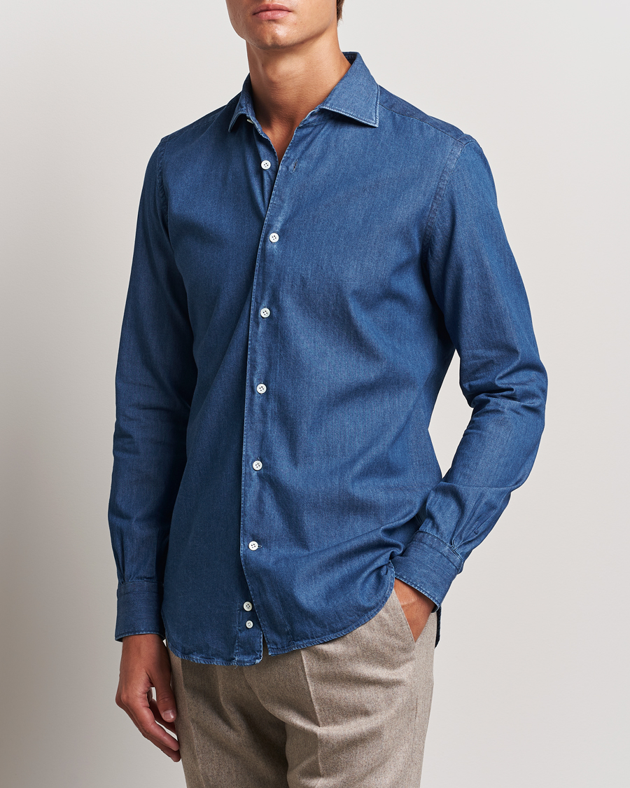 Uomini | Camicie | Mazzarelli | Soft Cotton Denim Shirt Stone Wash