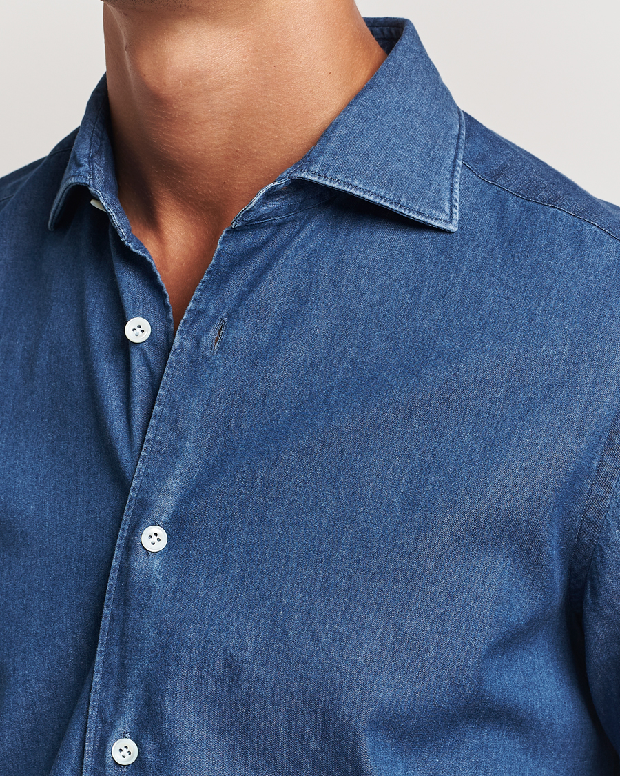 Uomini | Camicie | Mazzarelli | Soft Cotton Denim Shirt Stone Wash