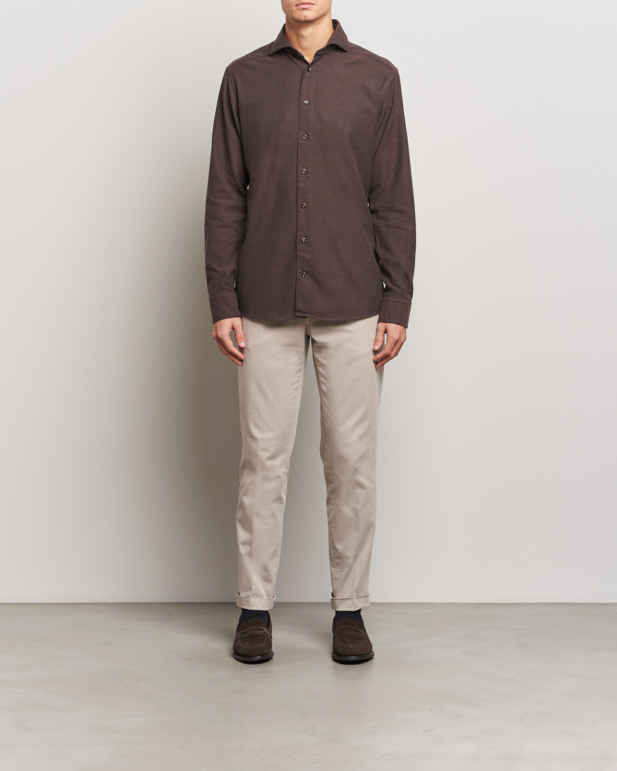 Uomini | Camicie | Eton | Slim Fit Twill Flannel Shirt Dark Brown