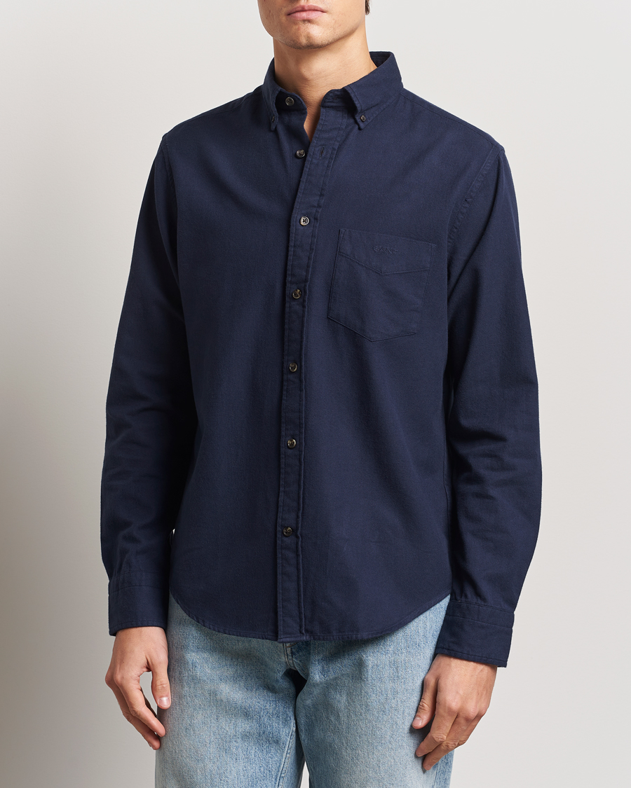 Uomini | Camicie | GANT | Regular Herringbone Flannel Shirt Evening Blue
