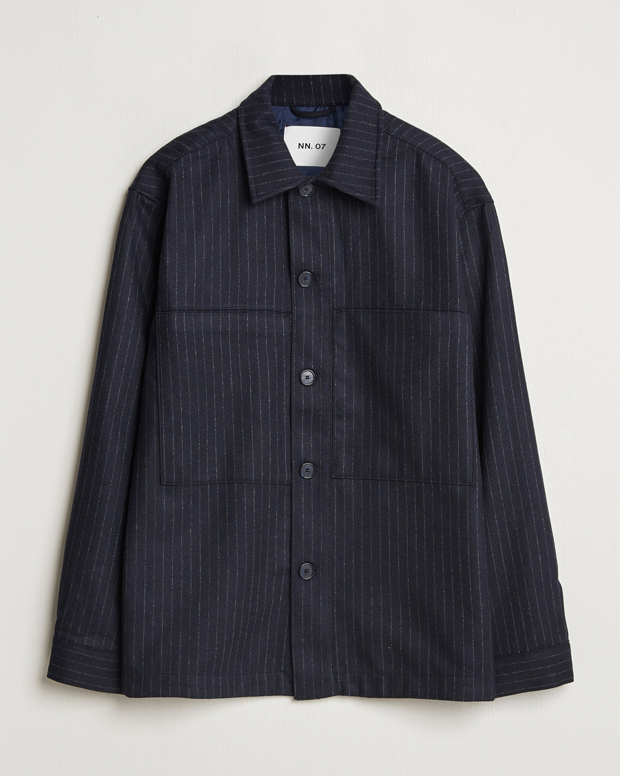 Uomini | Camicie | NN07 | Isak Wool Overshirt Navy Blue Pinstripe